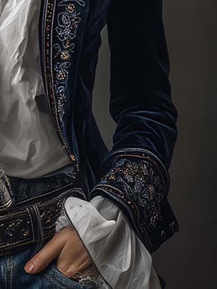 Athenaïs | Vintage Long Embroidered Navy Blue Jacket