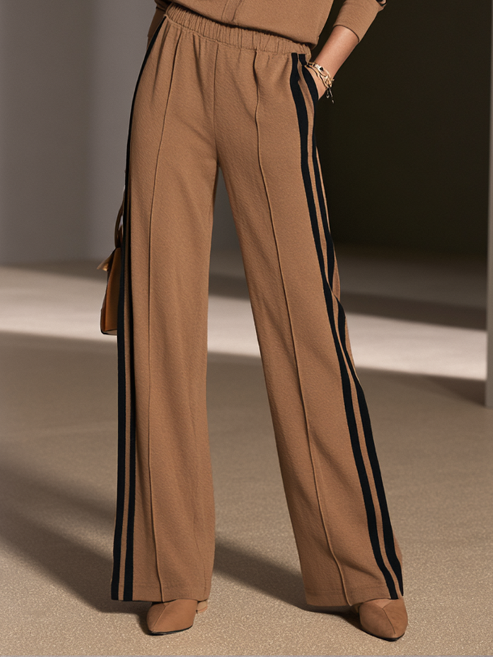 Women's Contrast Stripe Casual Stand Collar Wide-Leg Pants Set