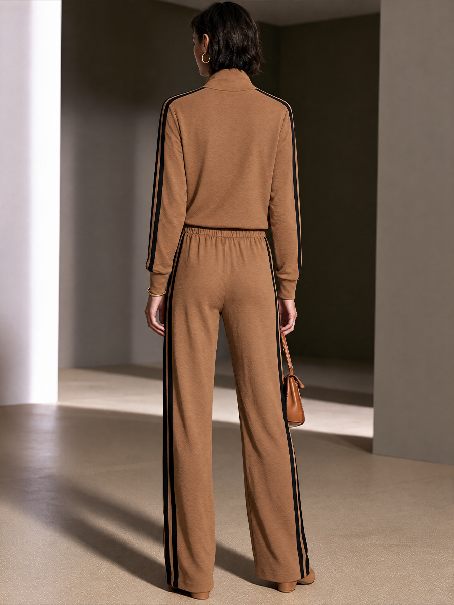 Women's Contrast Stripe Casual Stand Collar Wide-Leg Pants Set