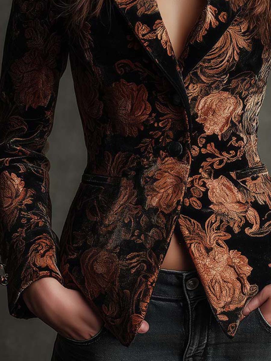 Bertille | Floral Printed Black and Bronze Blazer