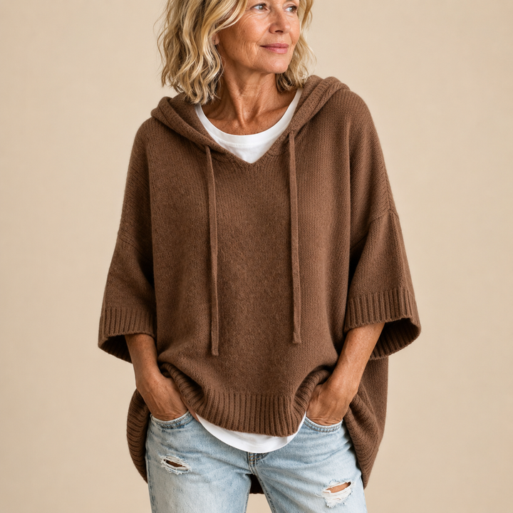 Oriana | Knit Poncho with Hood and Three-Quarter Sleeves