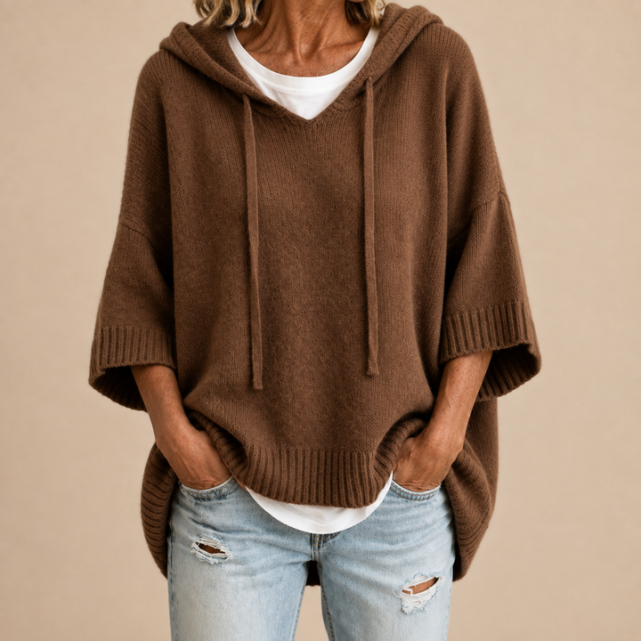 Oriana | Knit Poncho with Hood and Three-Quarter Sleeves