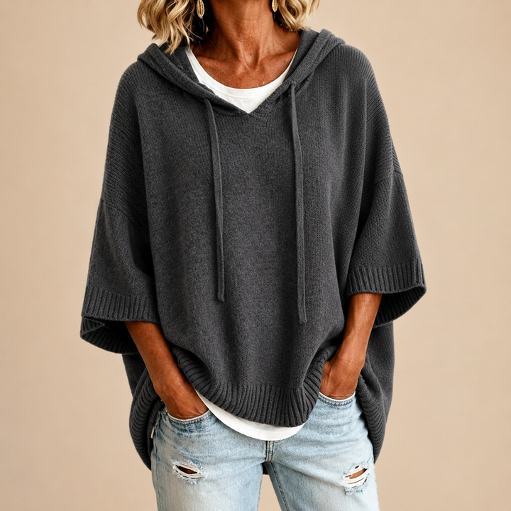Oriana | Knit Poncho with Hood and Three-Quarter Sleeves