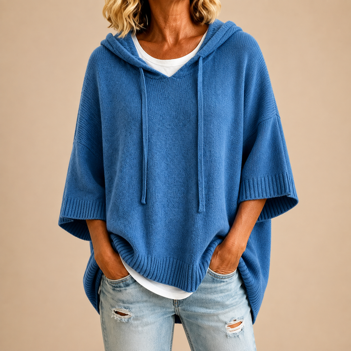Oriana | Knit Poncho with Hood and Three-Quarter Sleeves