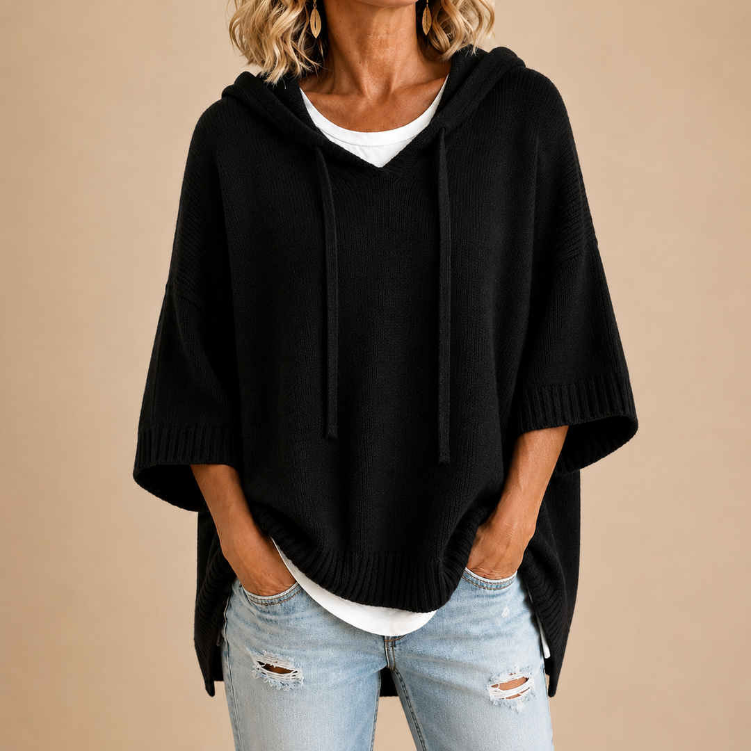 Oriana | Knit Poncho with Hood and Three-Quarter Sleeves