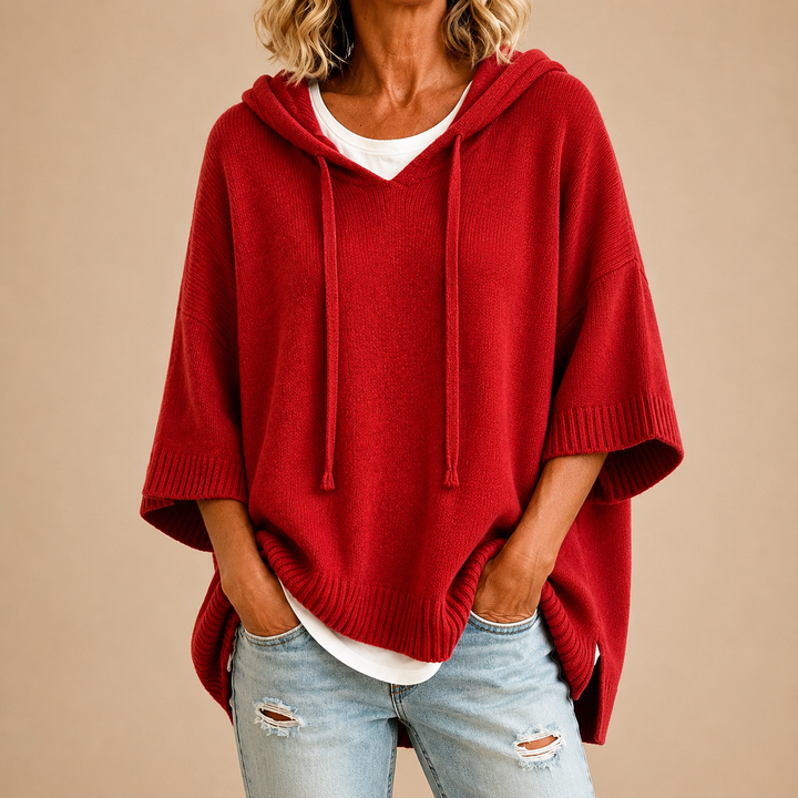 Oriana | Knit Poncho with Hood and Three-Quarter Sleeves