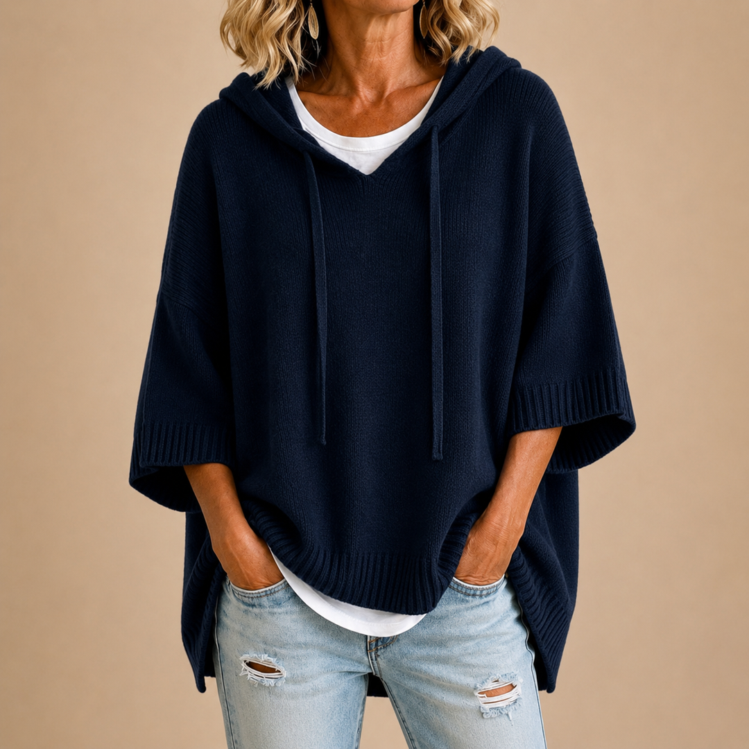 Oriana | Knit Poncho with Hood and Three-Quarter Sleeves