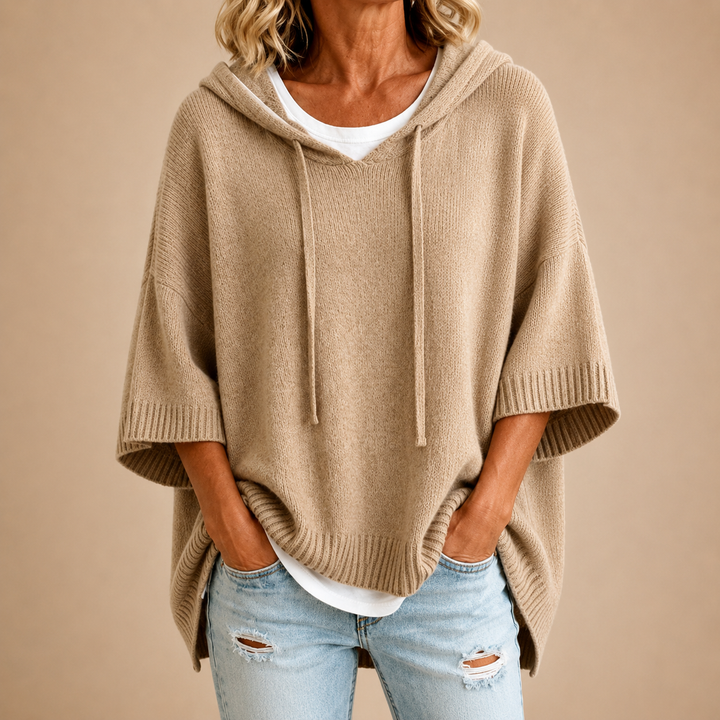 Oriana | Knit Poncho with Hood and Three-Quarter Sleeves