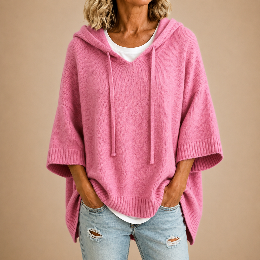Oriana | Knit Poncho with Hood and Three-Quarter Sleeves