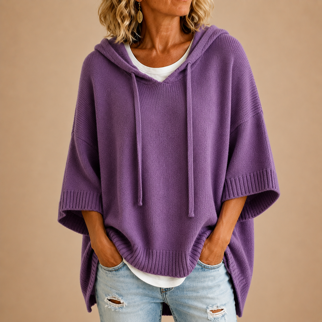 Oriana | Knit Poncho with Hood and Three-Quarter Sleeves