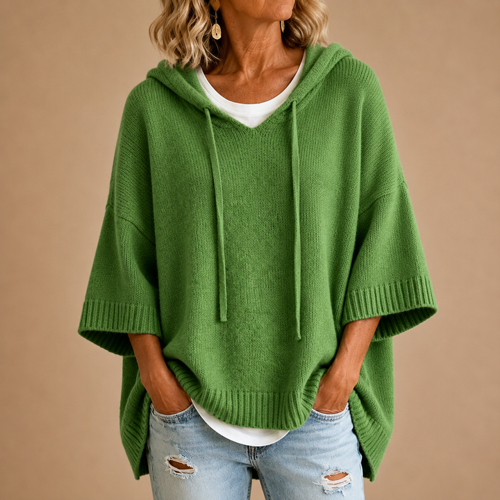 Oriana | Knit Poncho with Hood and Three-Quarter Sleeves