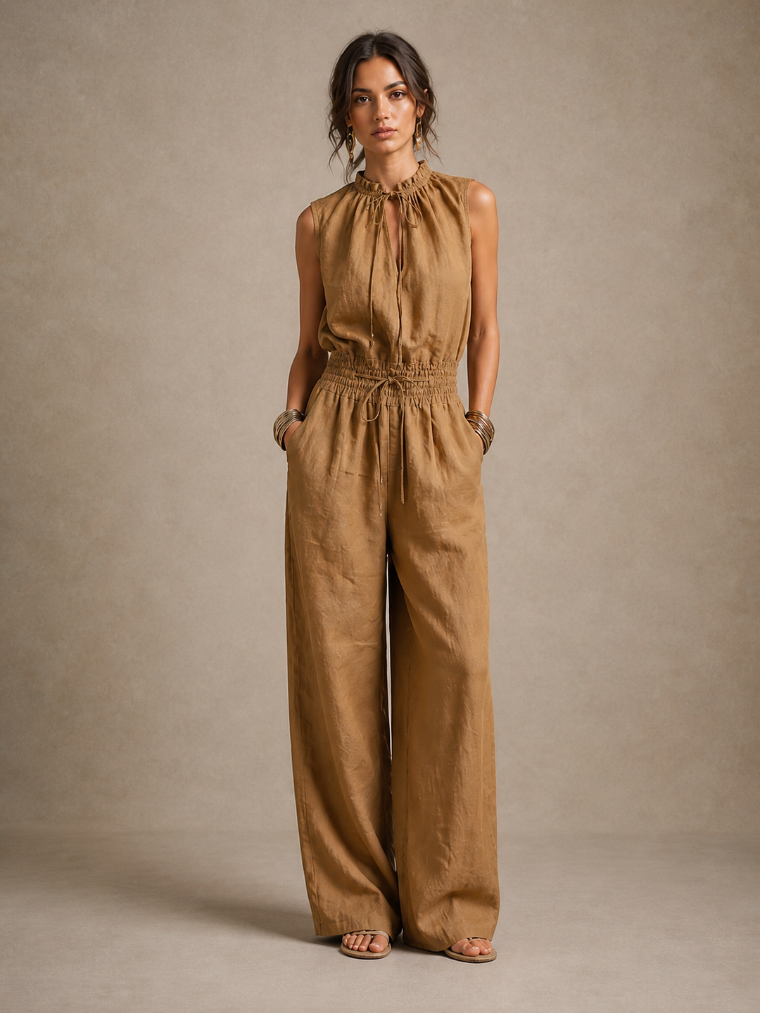 Zenaide | Camel color jumpsuit with high tied neckline and wide leg