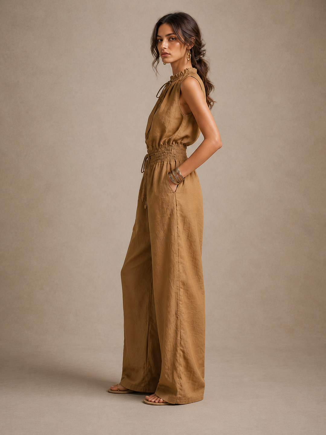 Zenaide | Camel color jumpsuit with high tied neckline and wide leg