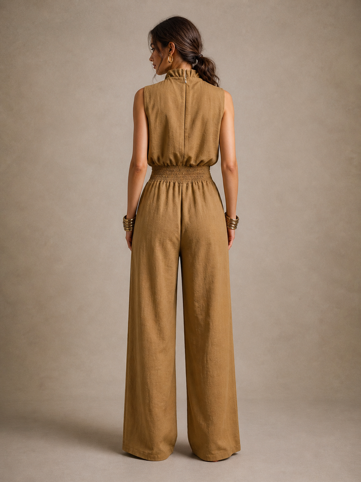Zenaide | Camel color jumpsuit with high tied neckline and wide leg