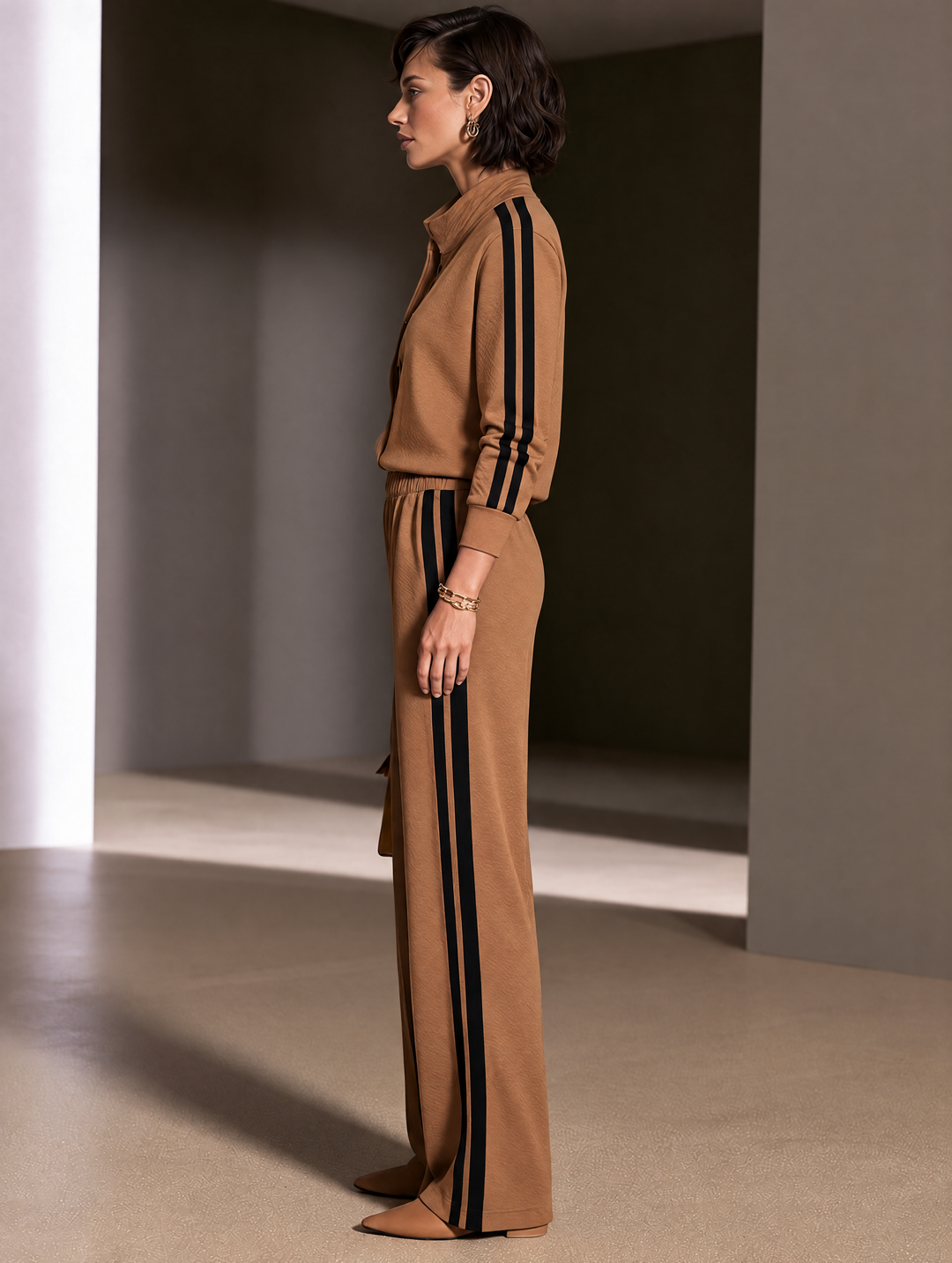 Women's Contrast Stripe Casual Stand Collar Wide-Leg Pants Set