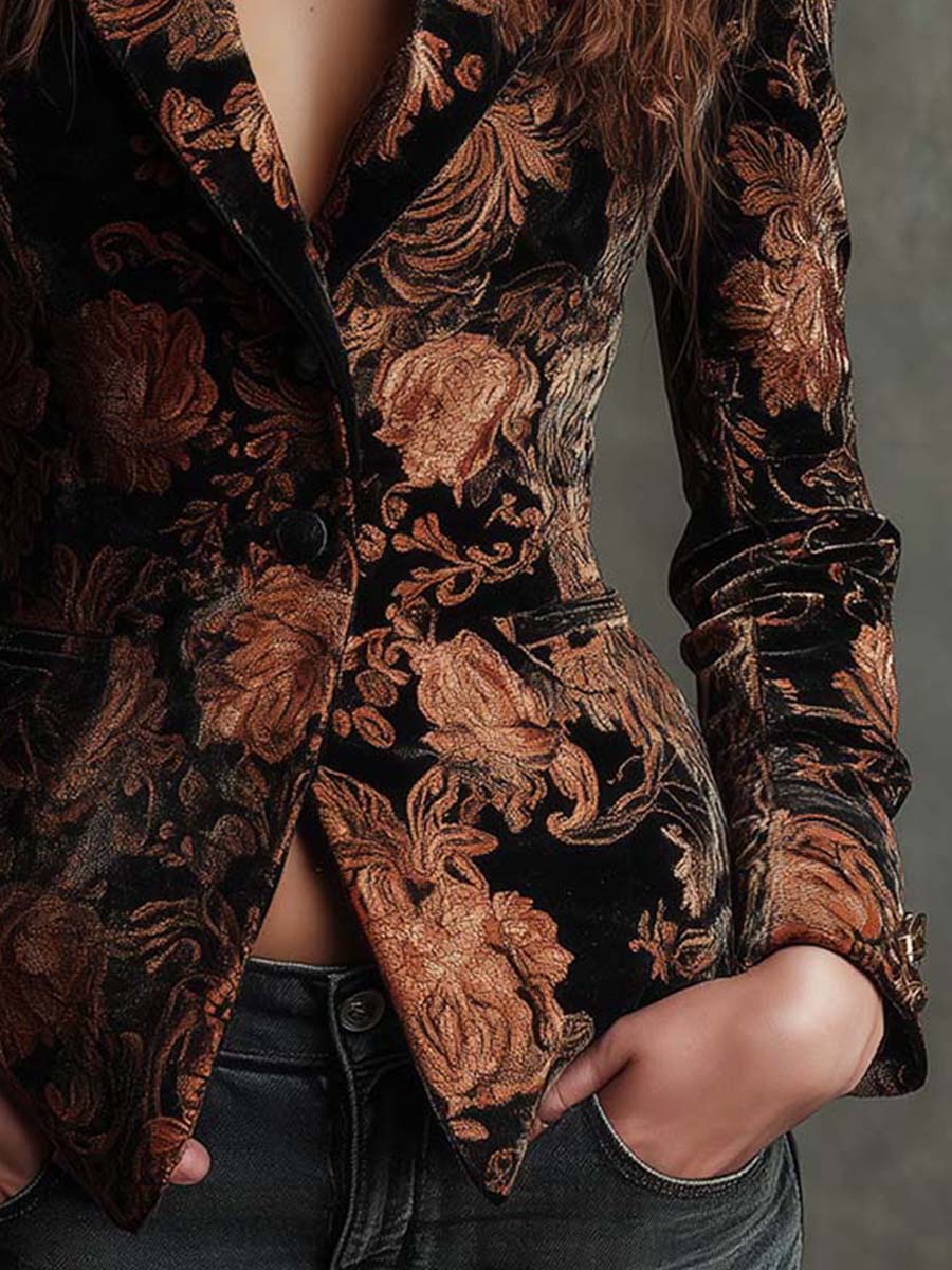Bertille | Floral Printed Black and Bronze Blazer
