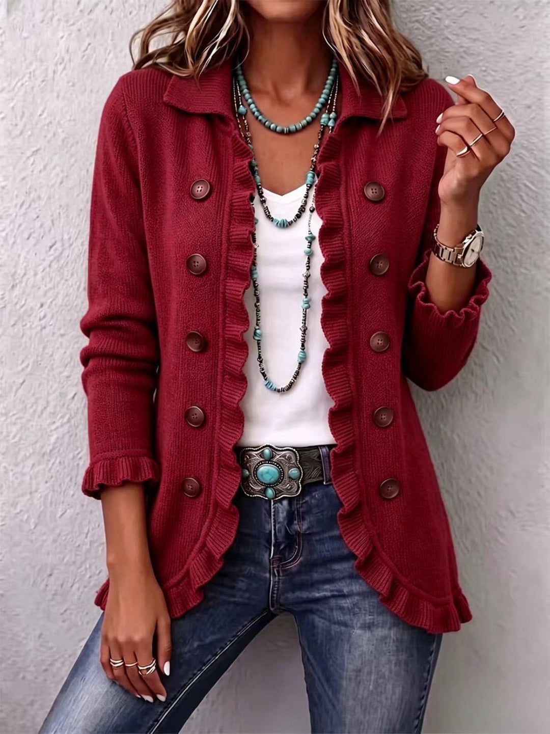 Marta | Ribbed Ruby Red Knit Jacket with Ruffles