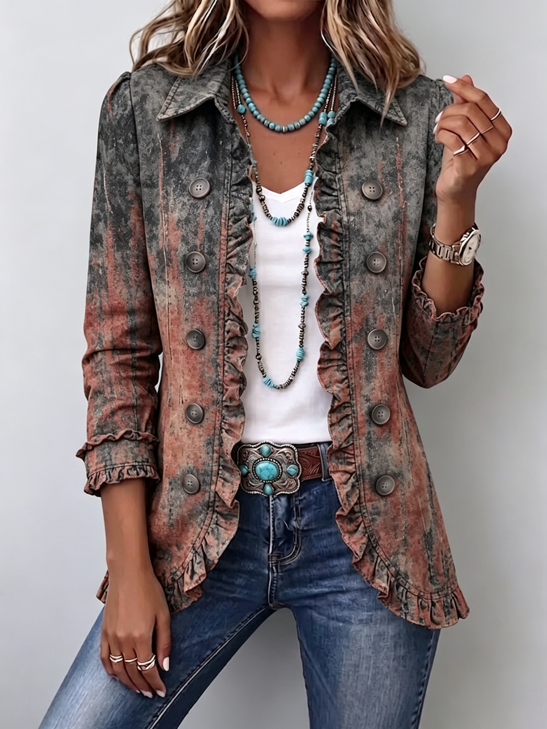 Flavia | Vintage Textured Ombre Jacket with Ruffles