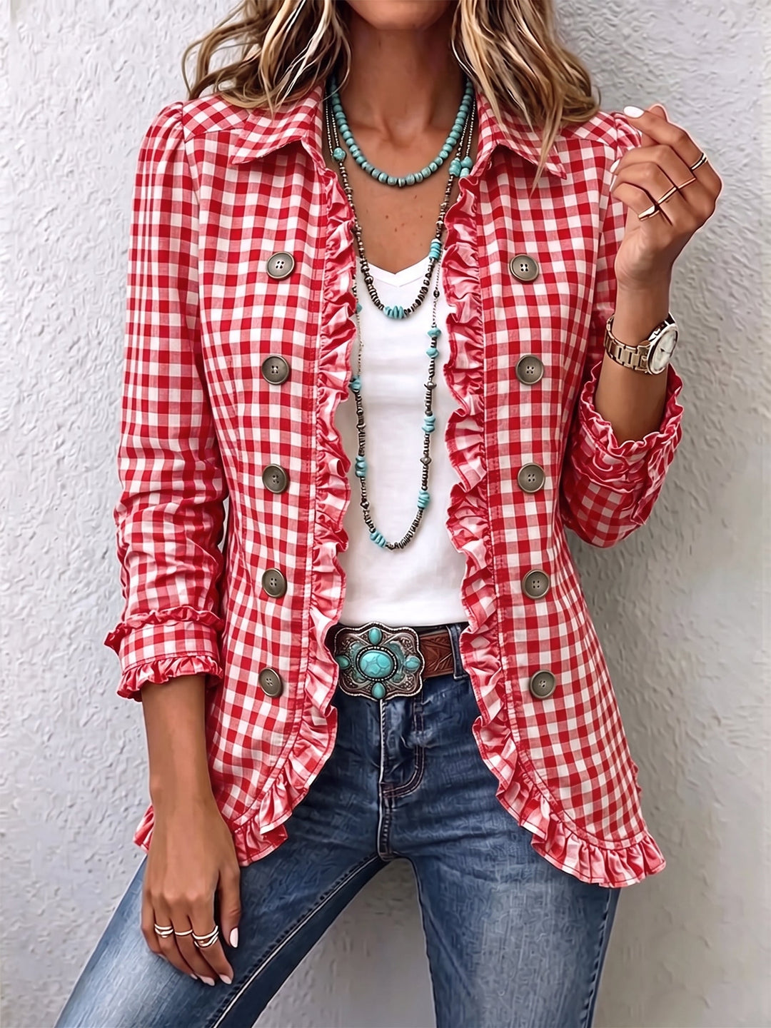 Giulia | Vichy Check Jacket with Ruffles and Buttons