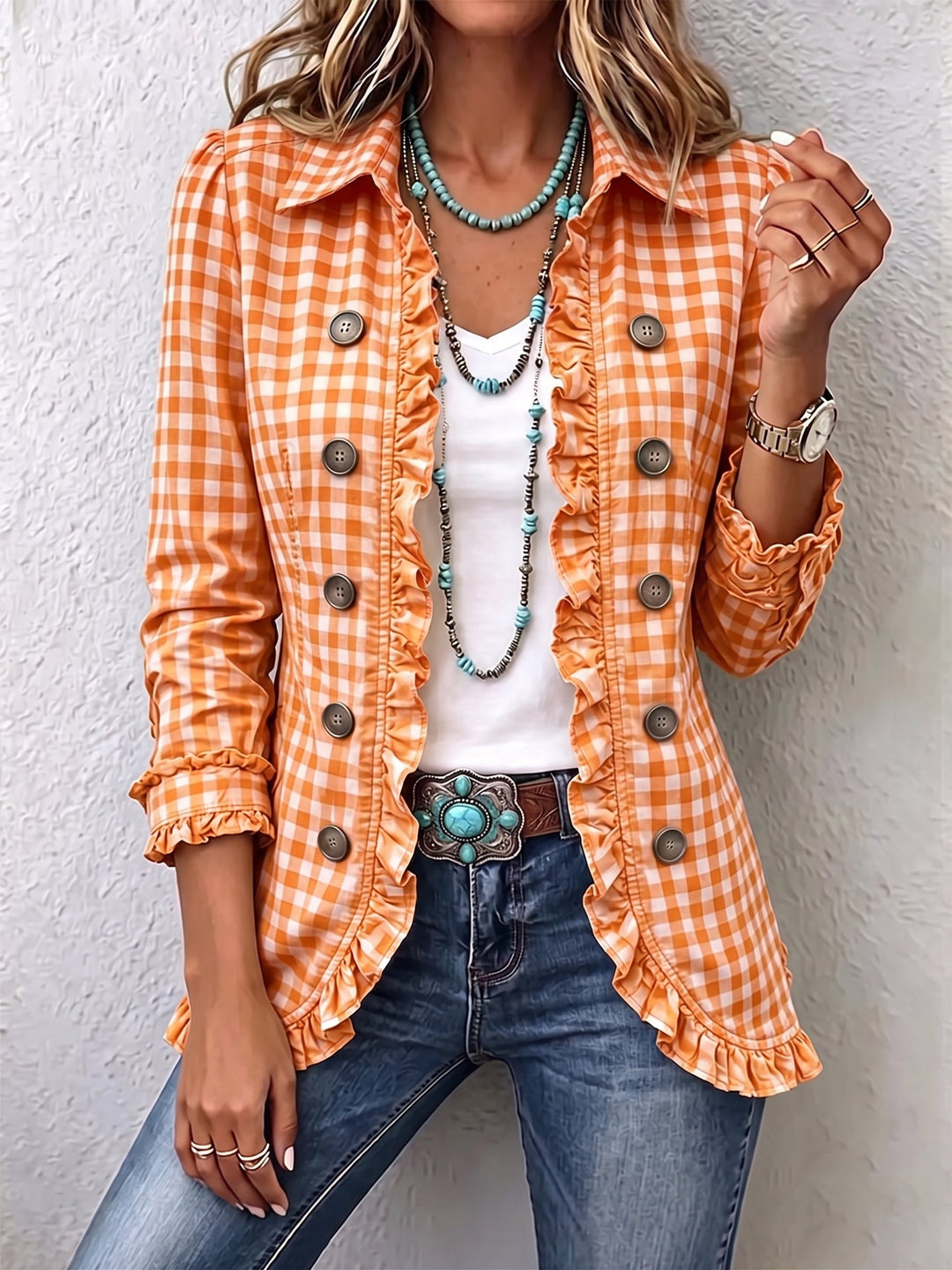Giulia | Vichy Check Jacket with Ruffles and Buttons