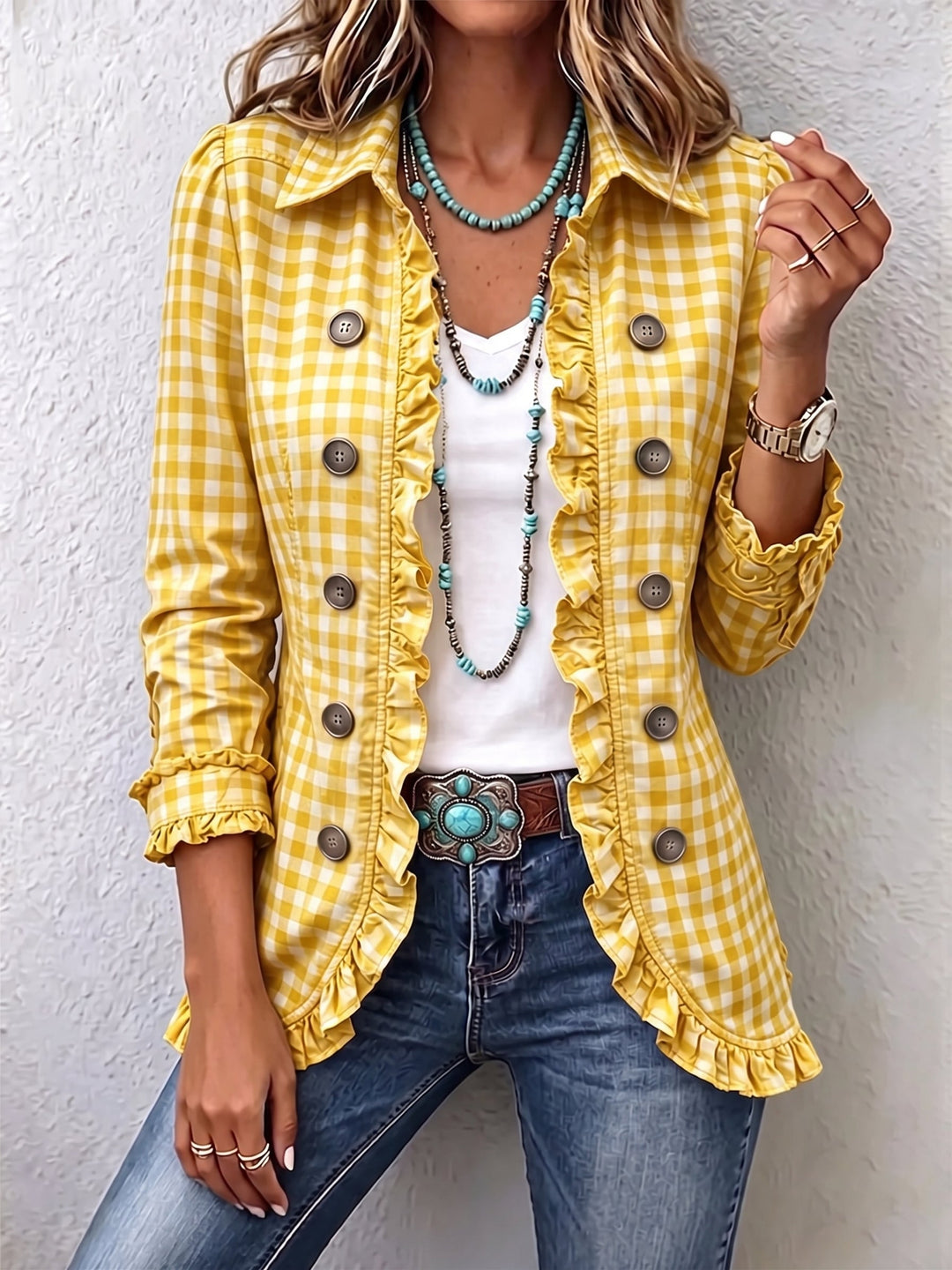 Giulia | Vichy Check Jacket with Ruffles and Buttons