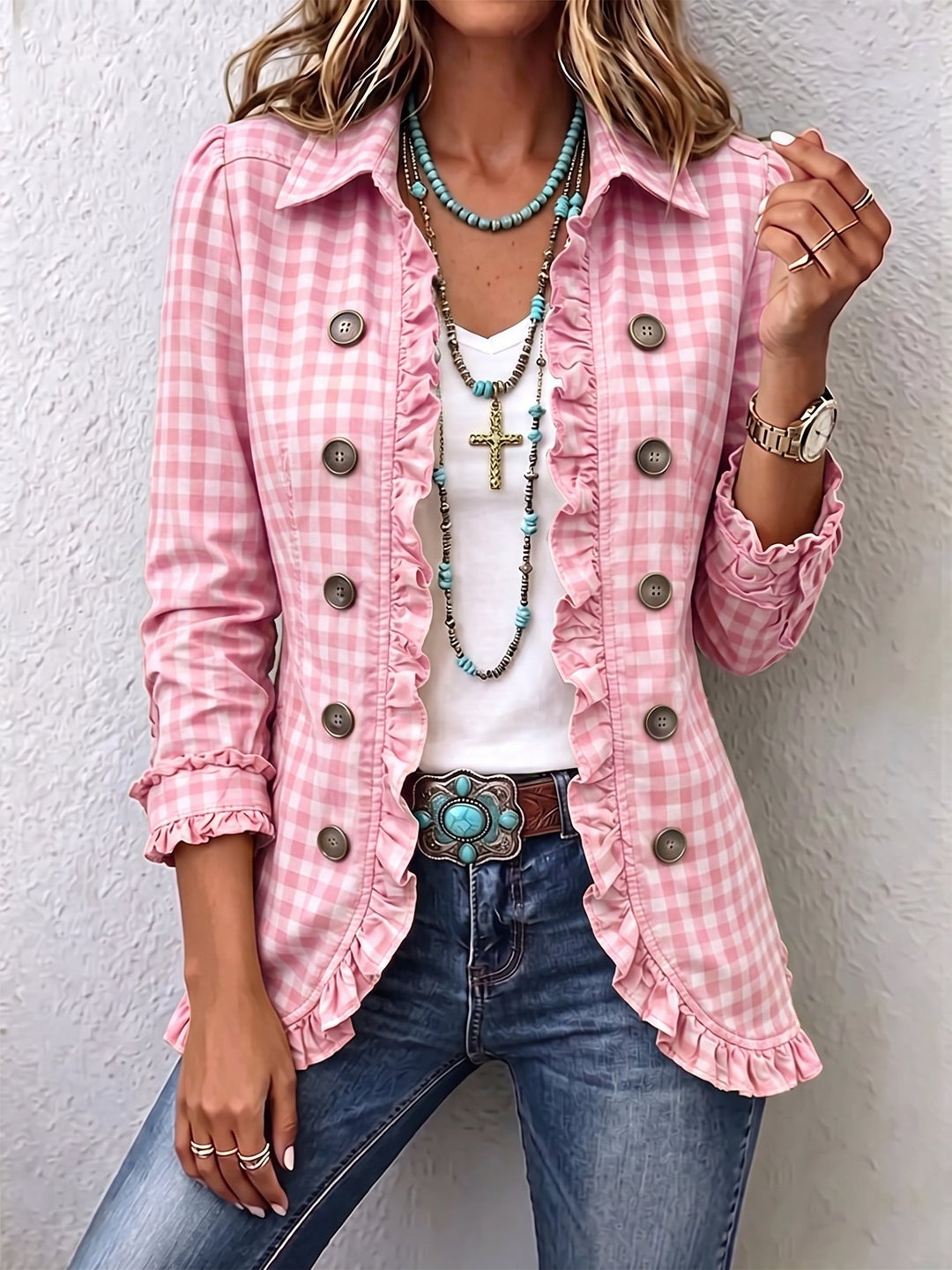 Giulia | Vichy Check Jacket with Ruffles and Buttons